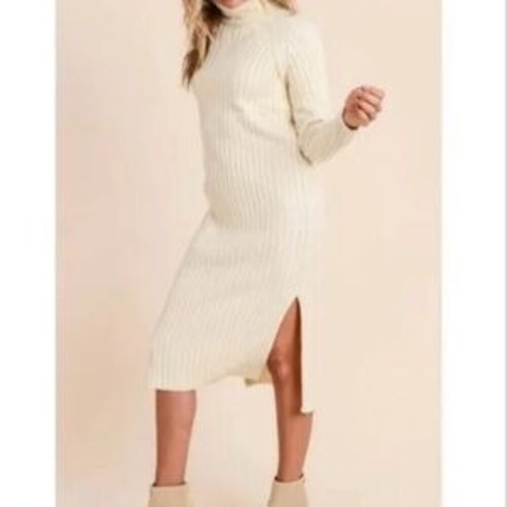 Doe & Rae Womens Cream Ribbed Long Sleeve Turtleneck Midi Sweater Dress Size M